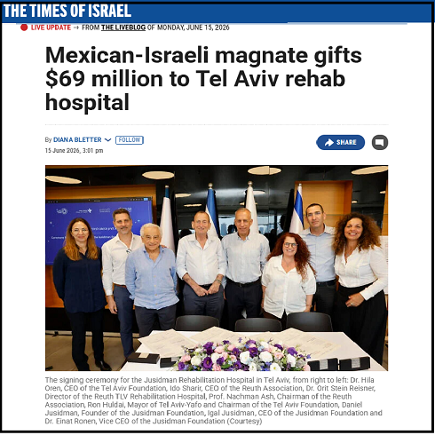 scrrenshoot from an articale at THE TIMES OF ISRAEL about The Jusidman Family Charitable Foundation donation